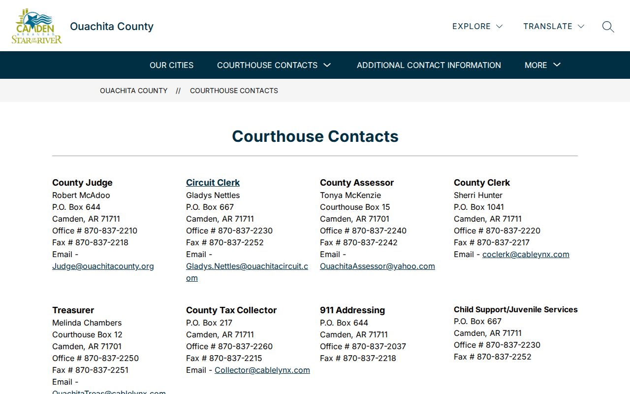 Ouachita County criminal history courthouse contacts